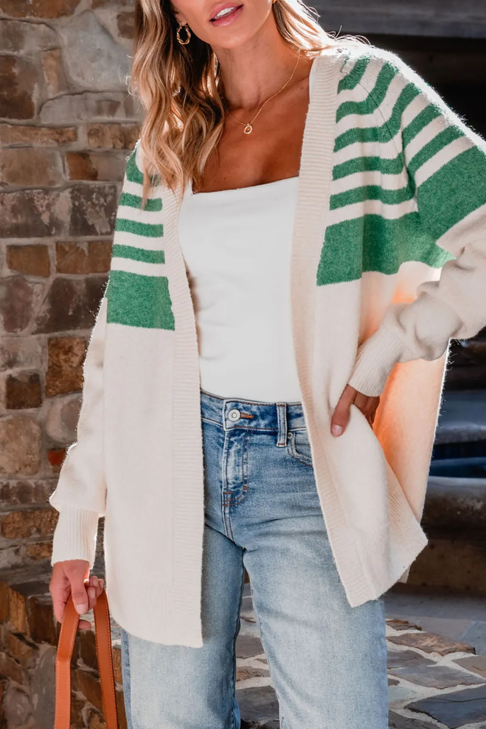 Fuzzy Half Striped Open Front Cardigan - Cream