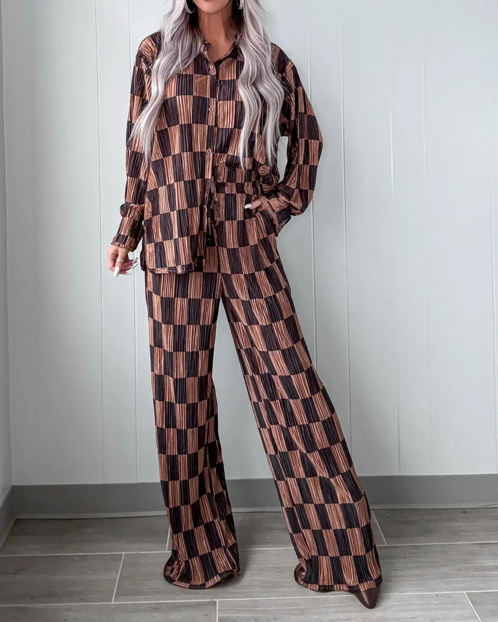 Polished Pleated Checkered Pants Set - Taupe/Black