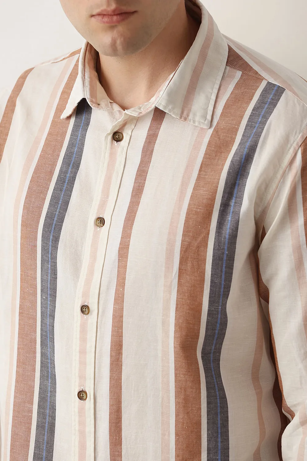 Beige Striped Linen Full Sleeves Shirt