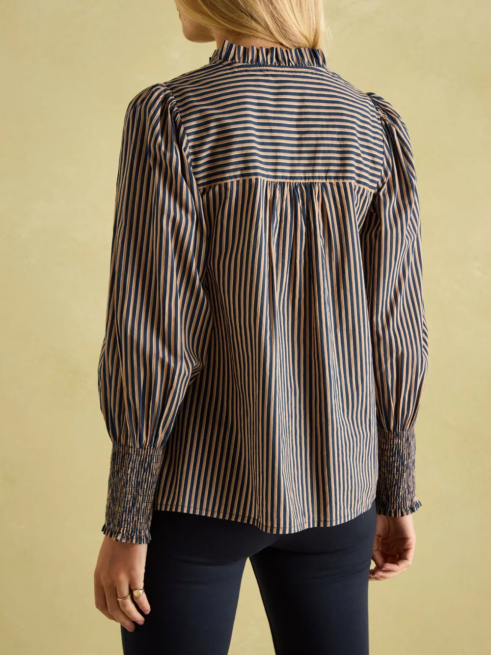 Navy Stripe Cotton Frill Neck Blouse