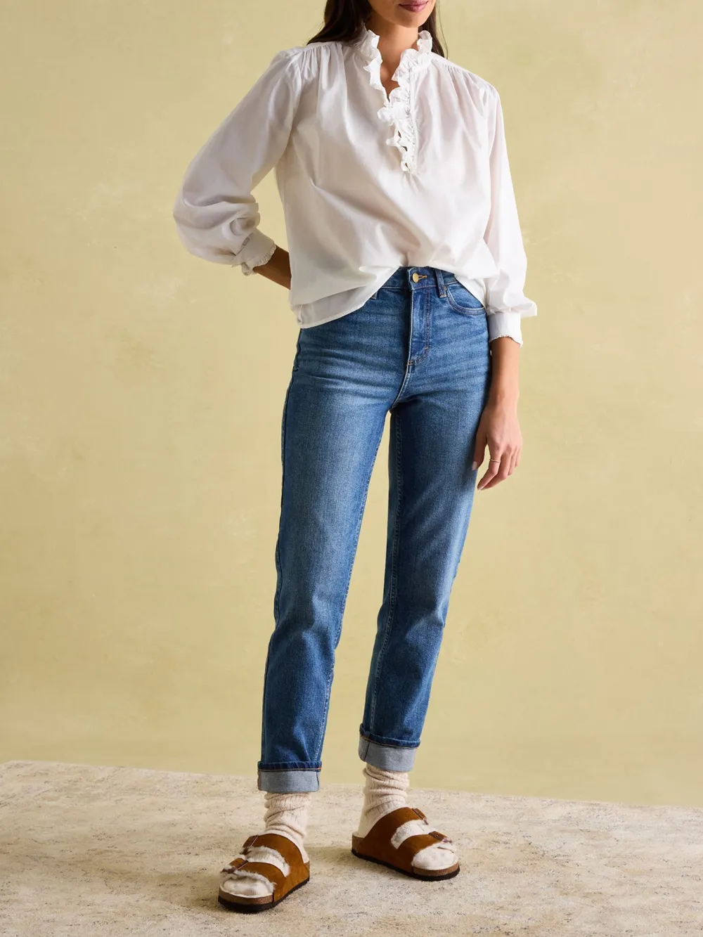 Regular Blue/White Cotton Ruffle Blouse