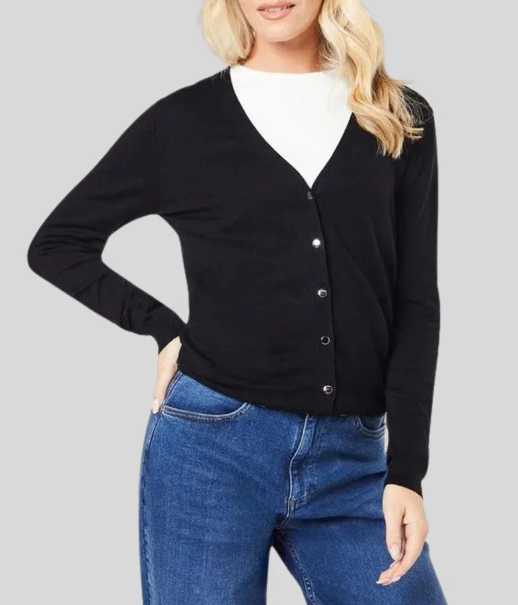 Black V Neck Button Cardigan