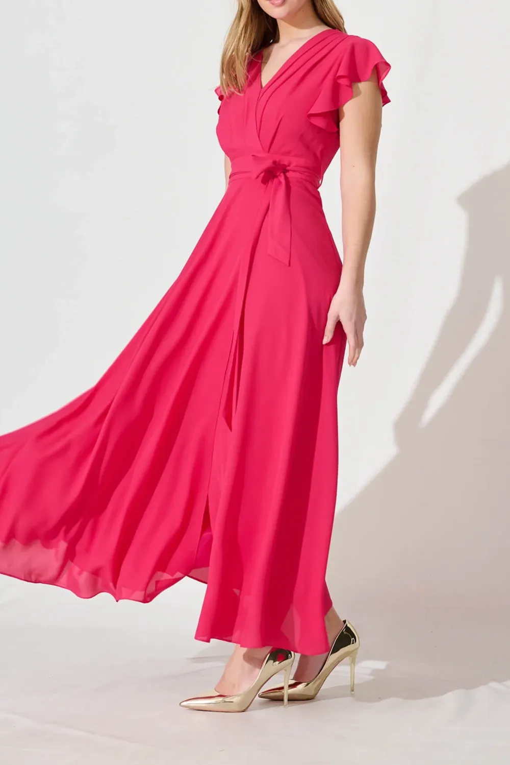 Fuchsia Ruffled Sleeve Wrap Style Maxi Dress