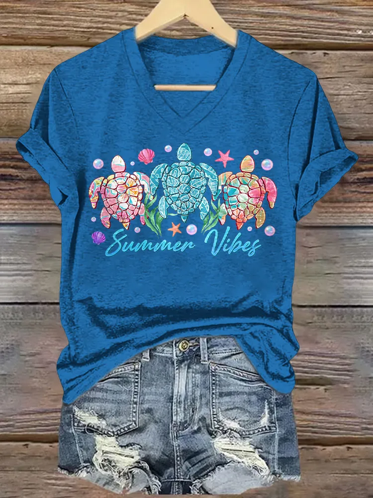 Women's Summer Vibes Short Sleeves V-Neck Pure Cotton T-Shirt