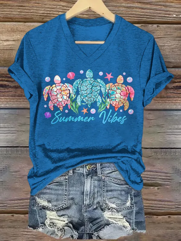Women's Summer Vibes Short Sleeves V-Neck Pure Cotton T-Shirt