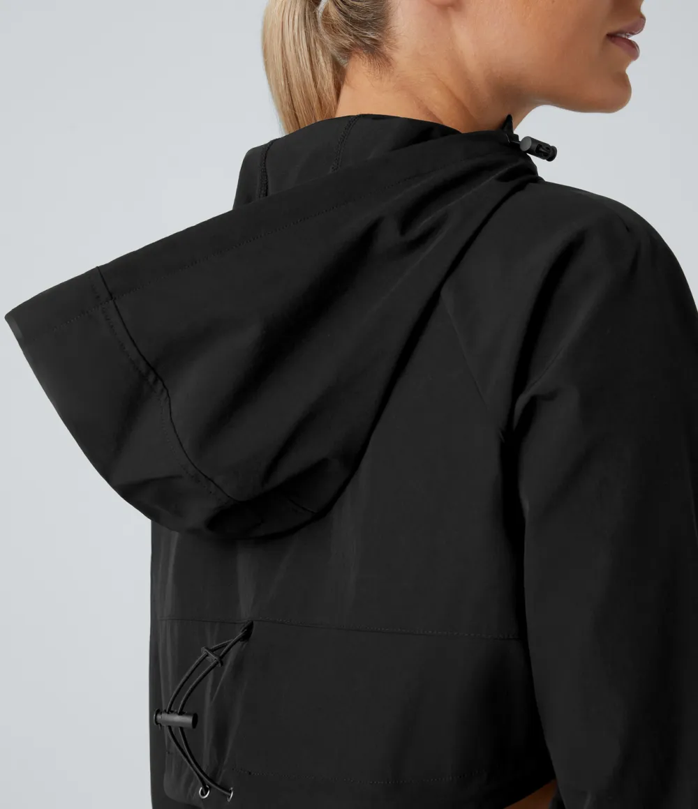 Hooded Adjustable Drawcord Half Zipper High Low Cropped Hiking Jacket