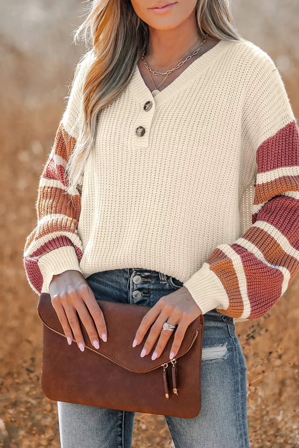 V-Neck Buttoned Striped Sweater