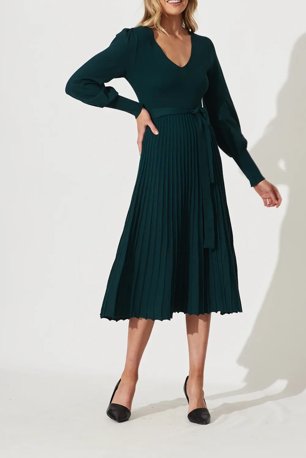 Dark Green Pleated Knitted Midi Dress