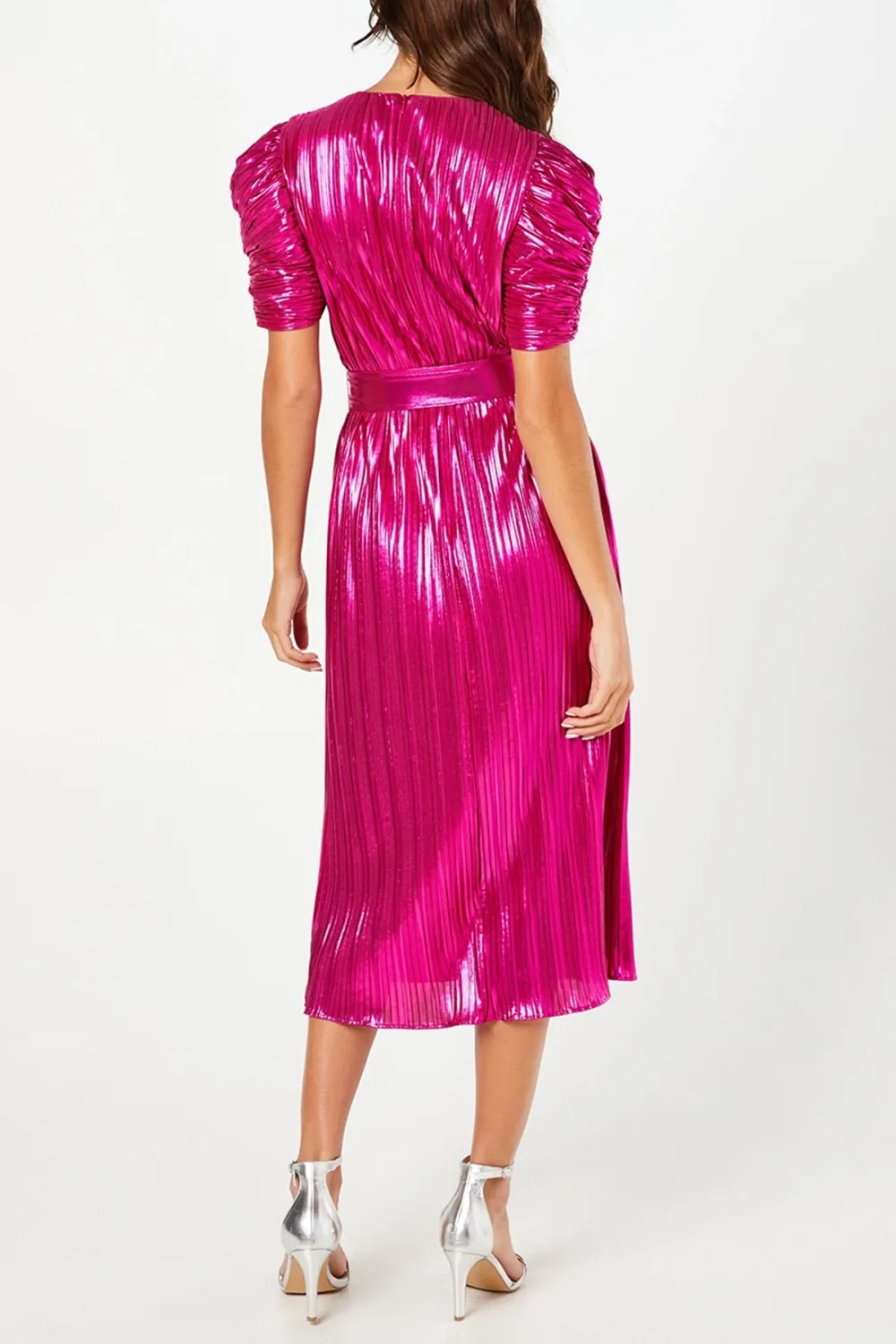 Metallic Pleated Puff Sleeve Midi Dress