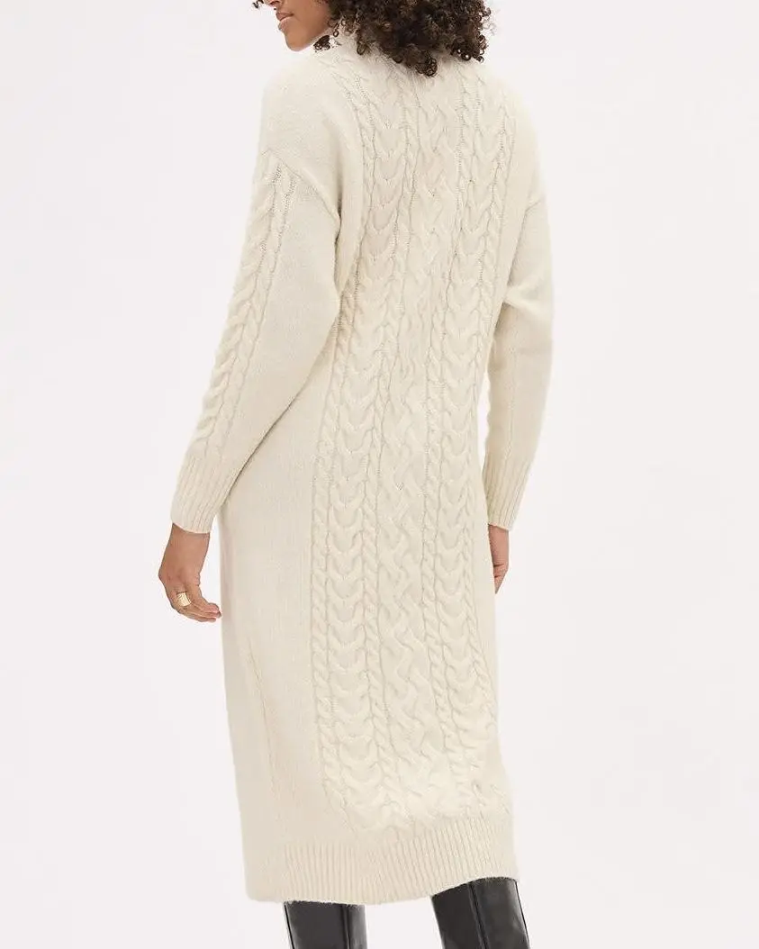 Long-Sleeve Turtle-Neck Straight Midi Dress With Cable Stitches