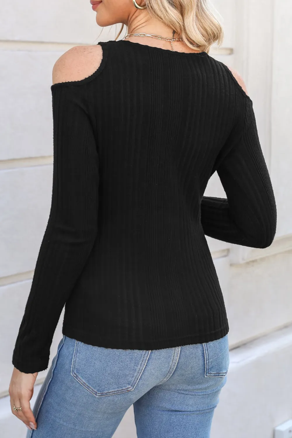 Ribbed Open-Shoulder Sweater