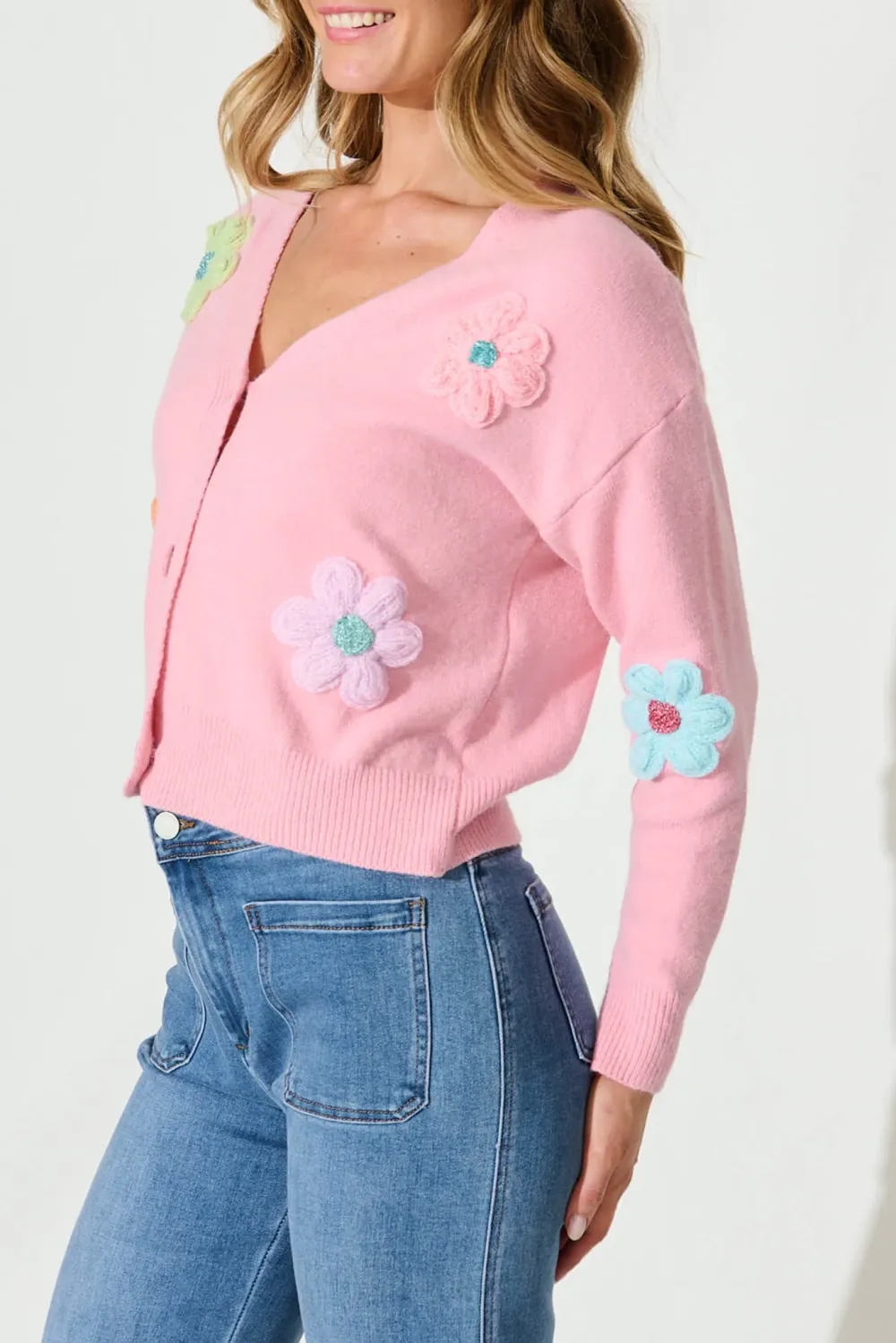Pink Flower Embroidered V Neck Cardigan