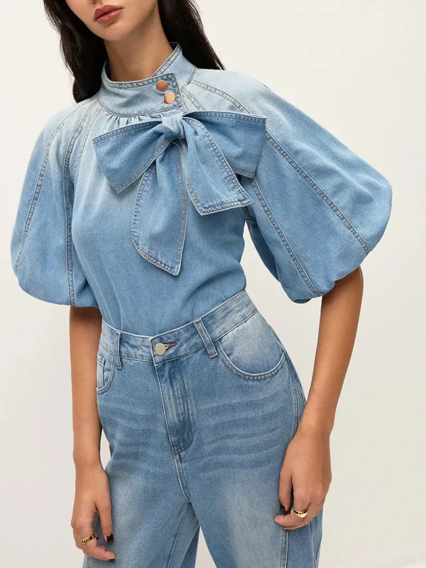 Bow Decor Half Sleeve Denim Blouse