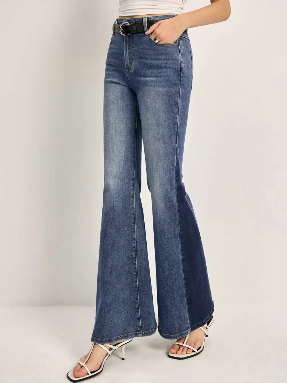 Color Block Flared Jeans With Pockets