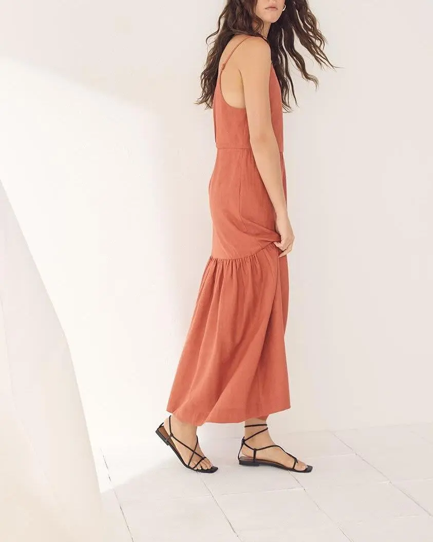 Sleeveless Square-Neck Linen-Blend Straight Maxi Dress