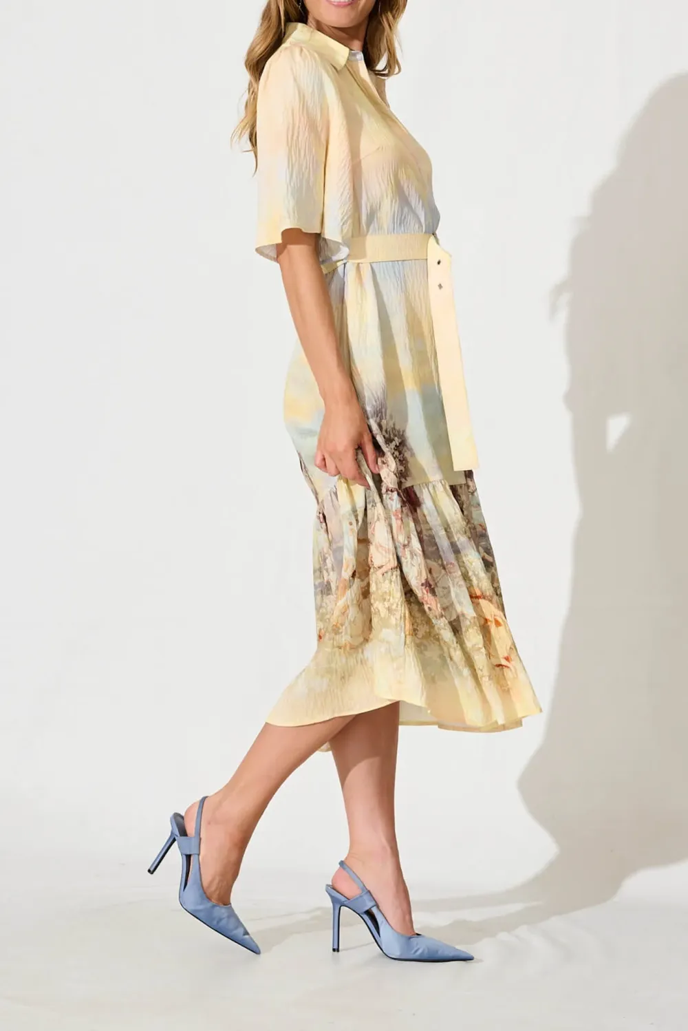 Beige Printed Tiered Shirt Midi Dress