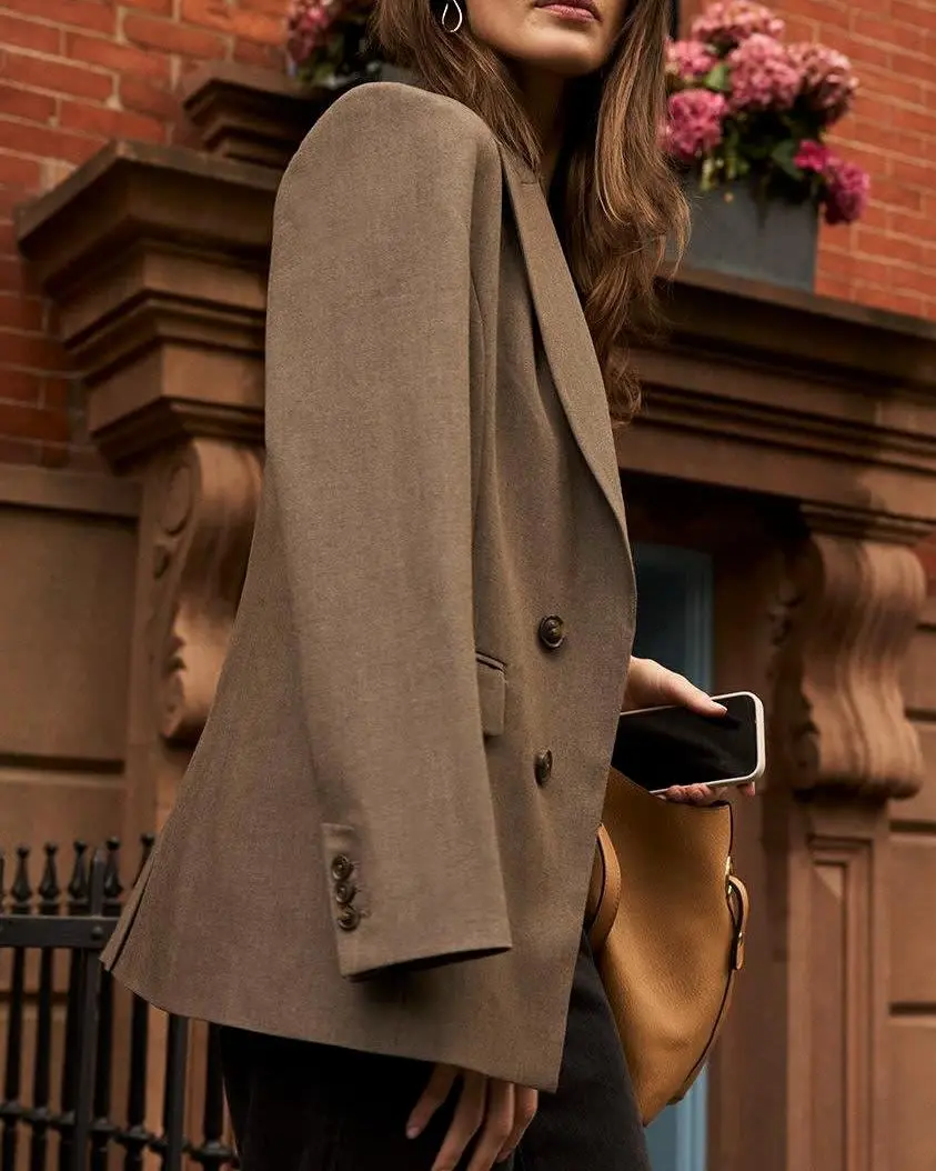 Brown Double-Breasted Wool-Blend Blazer