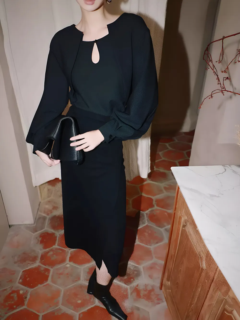 Cutout Plain Long Sleeve Blouse