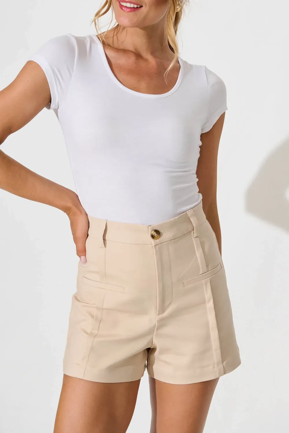 Beige High Waist Tailored Shorts