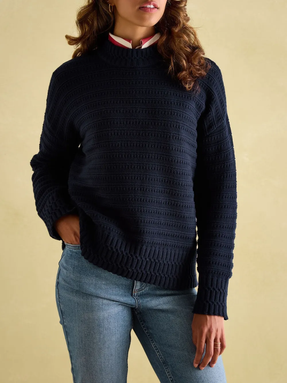 Navy Blue Crew Neck Textured Jumper Contains Merino Wool