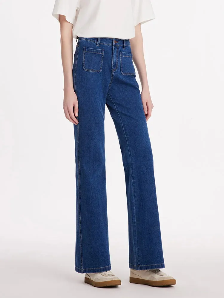 Denim Flared Women Jeans With Patch Pockets