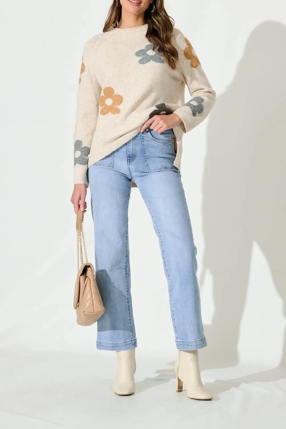 Beige Floral Patterned Knitted Sweater