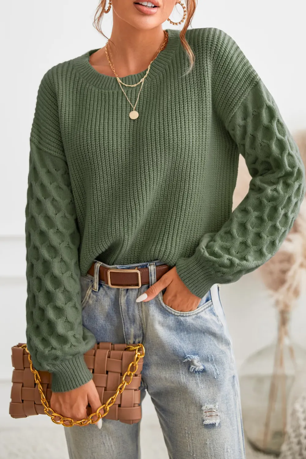 Green Honeycomb Puff Sleeve Sweater