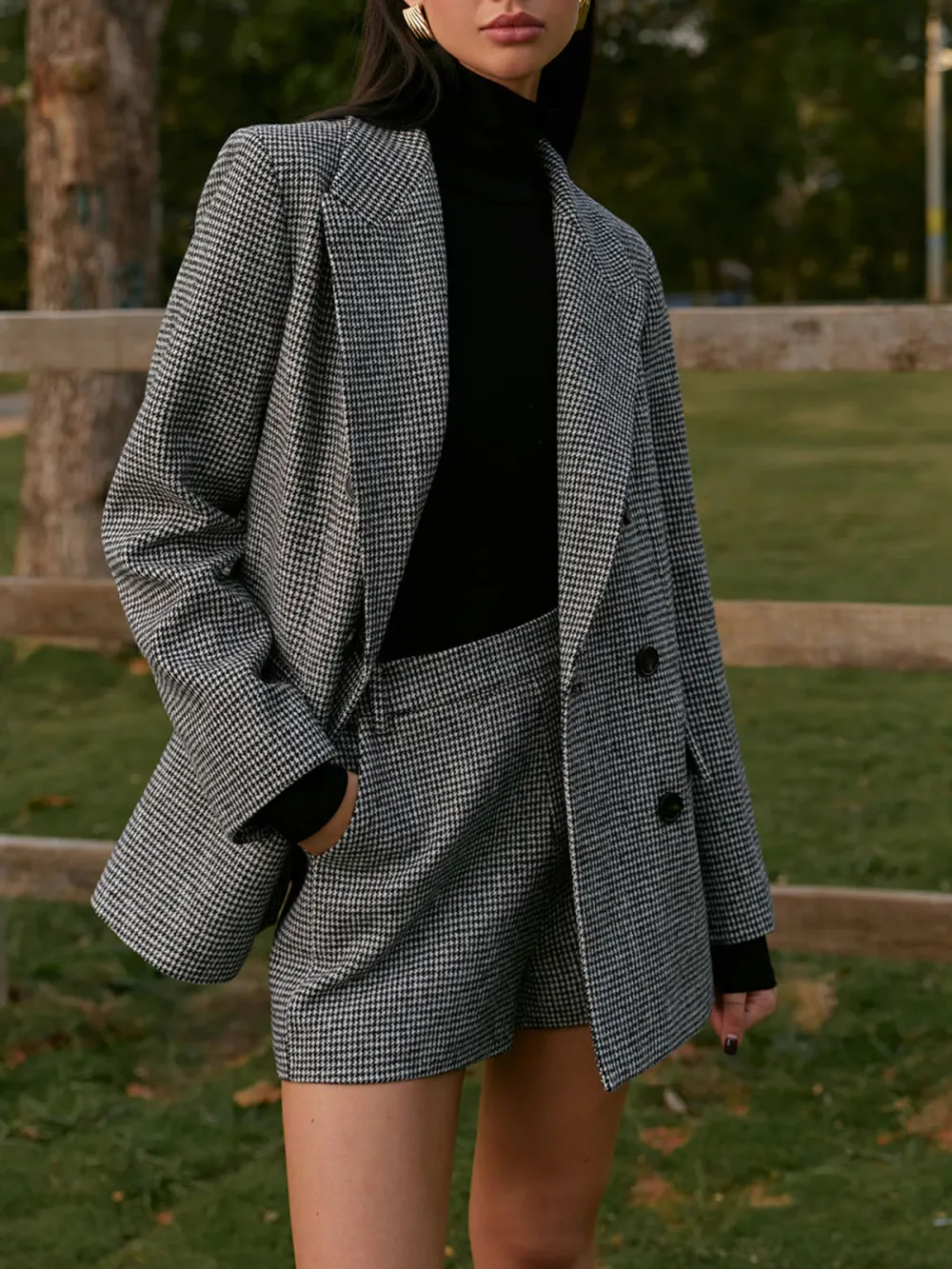 Tweed Houndstooth Button Up Blazer