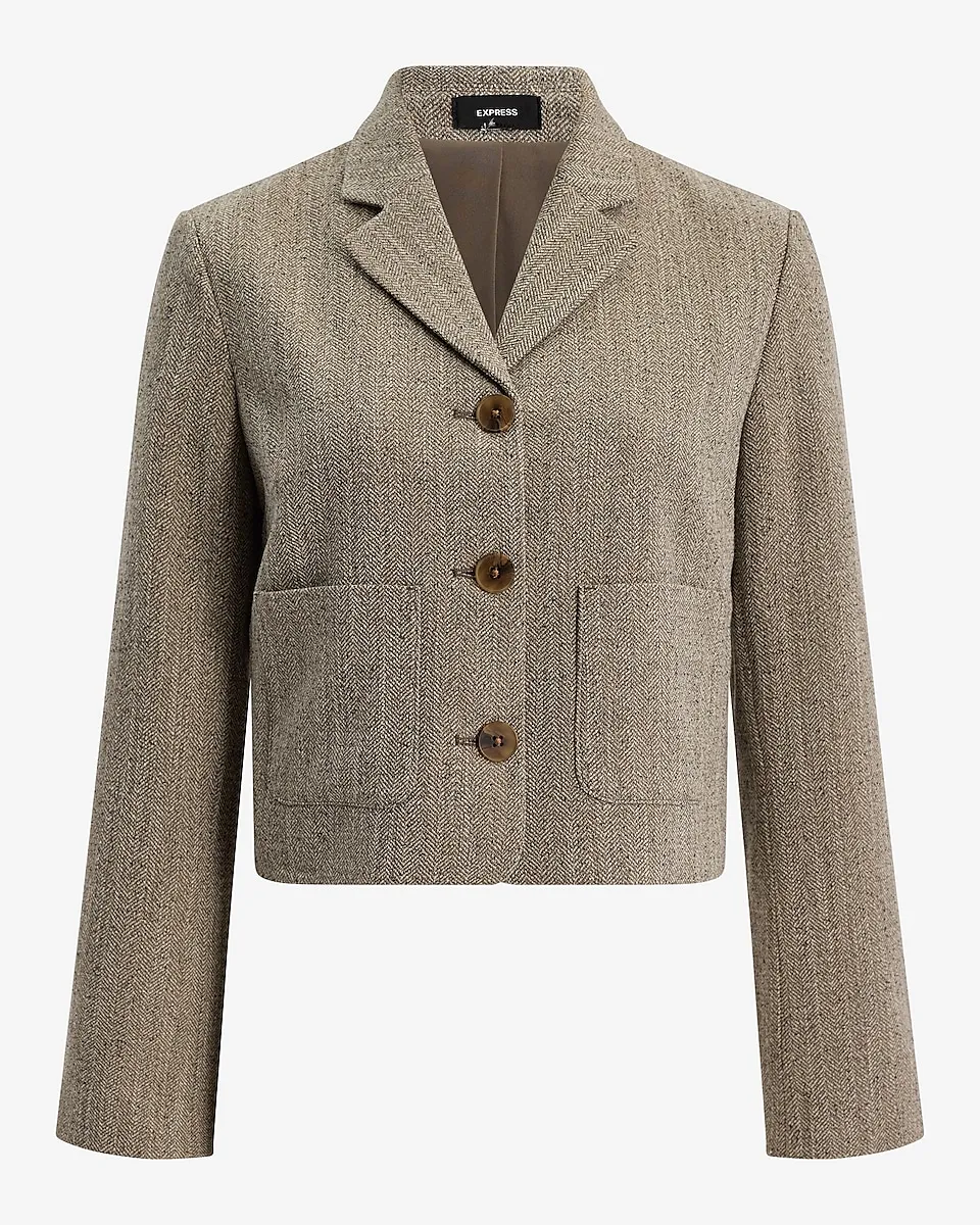 Textured Herringbone Patch Pocket Cropped Blazer + Textured Herringbone Pleated Trouser