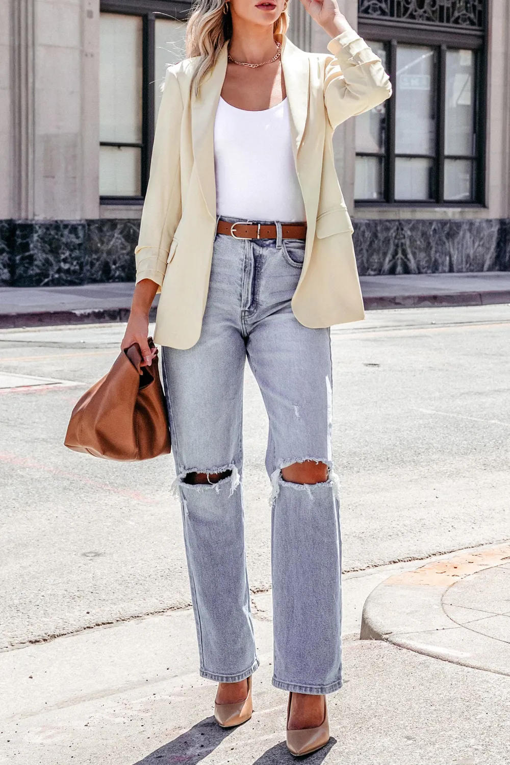 Neutral Collared Long Sleeve Blazer