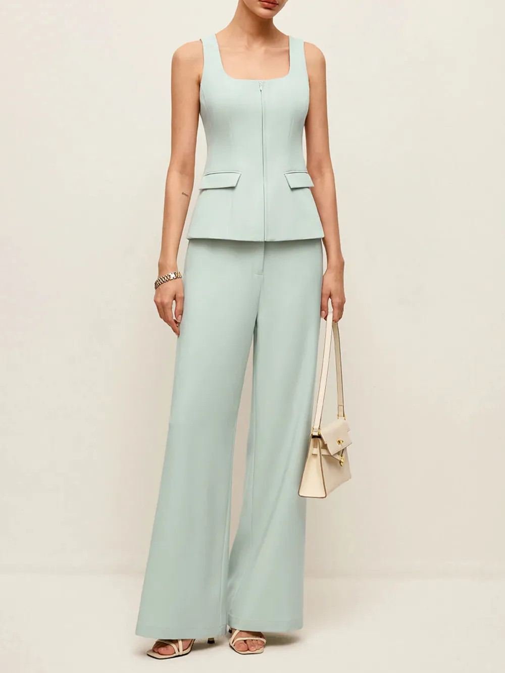 Zip Up Square Collar Top With Pockets