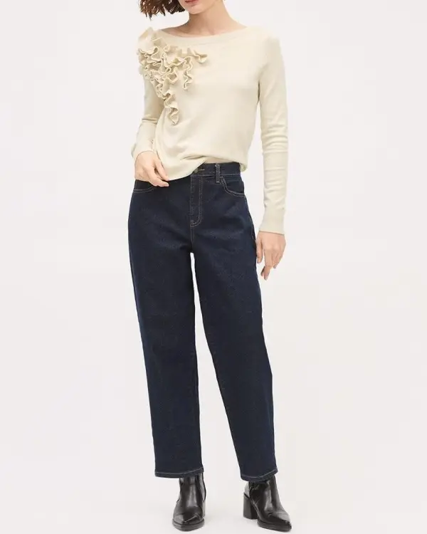 Long-Sleeve Boat-Neck Pullover with Frills