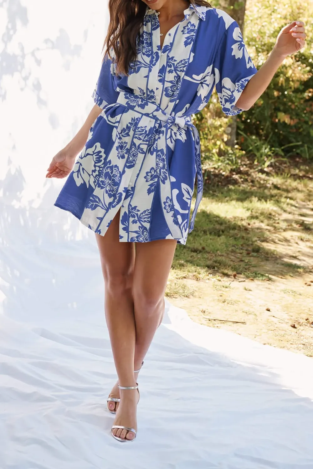 Blue Patterned Belted Shirt Dress