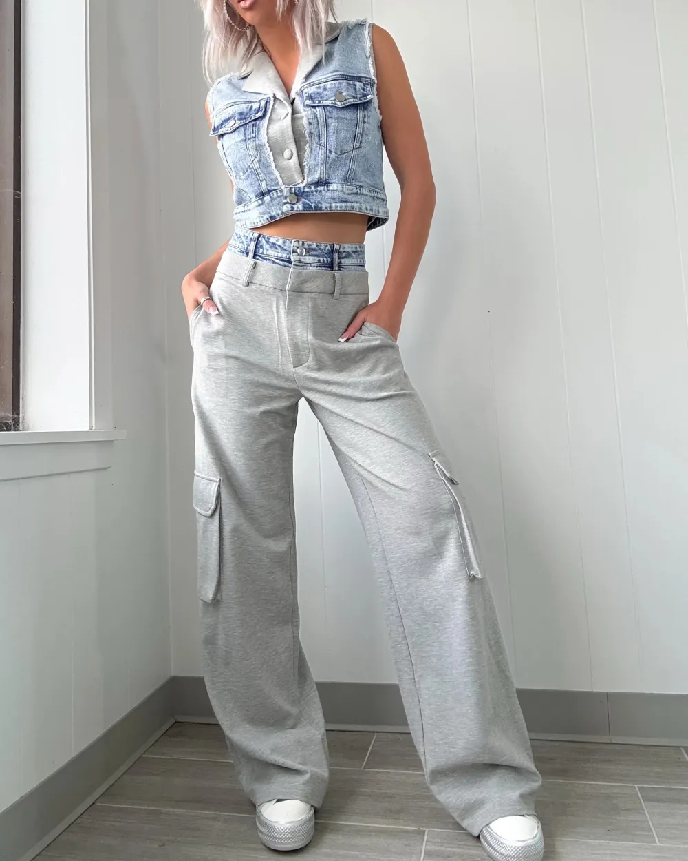 Arleen Mixed Denim Vest & Pants Set - Blue/Grey