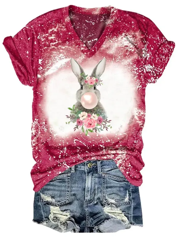 Bunny Chewing Bubble Gum Bleaching V Neck T-shirt