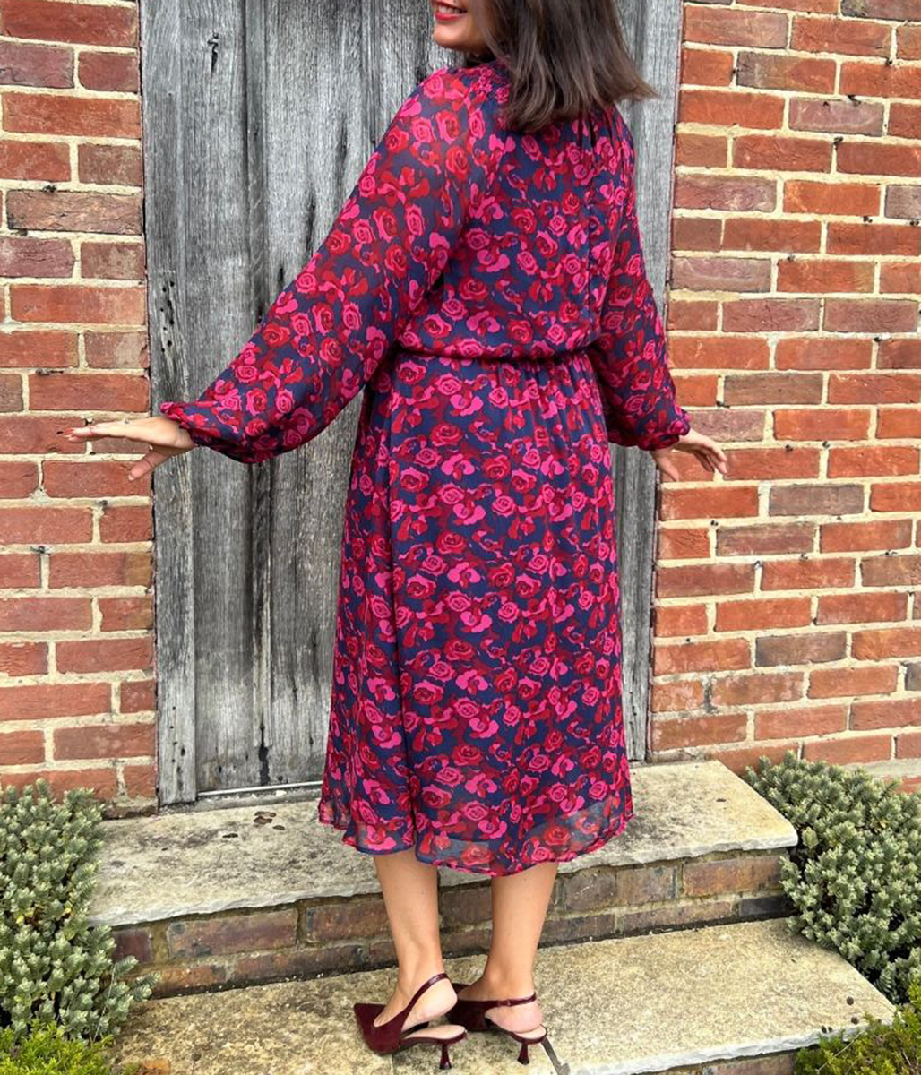 Pink Rose Print Lorie Midi Dress