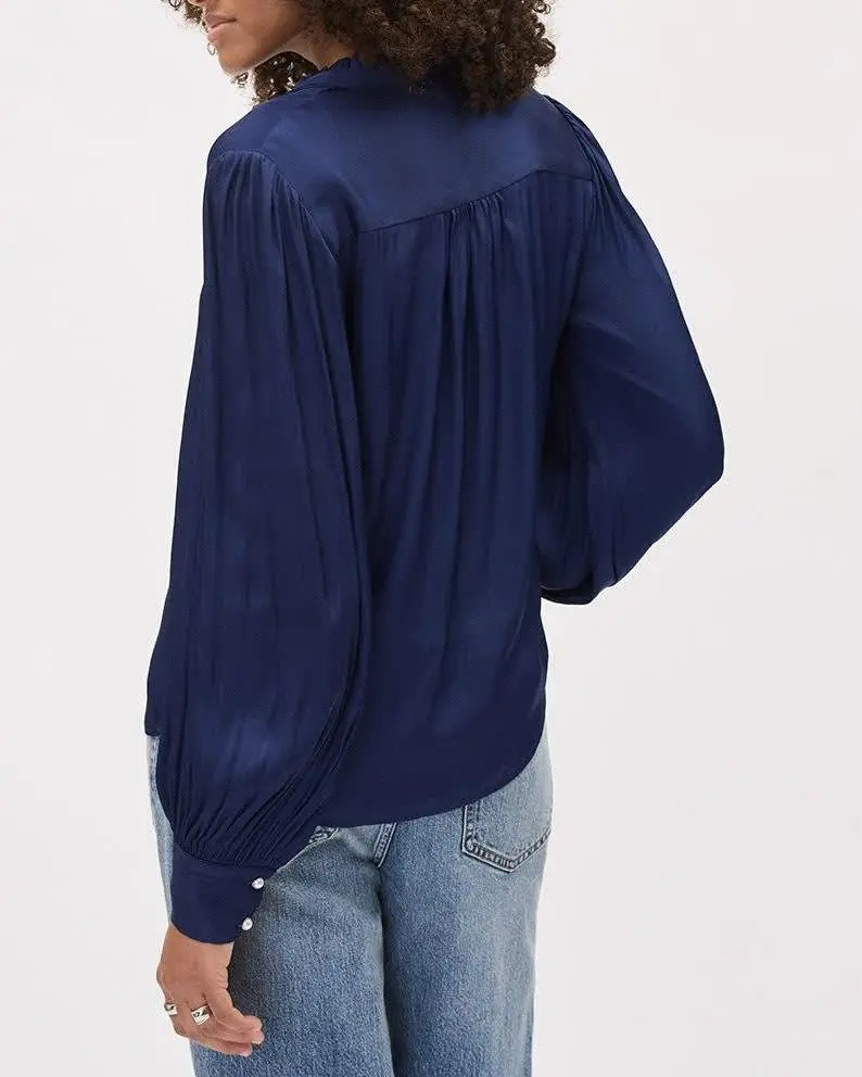 Long-Puffy-Sleeve Buttoned-Down Satin Blouse