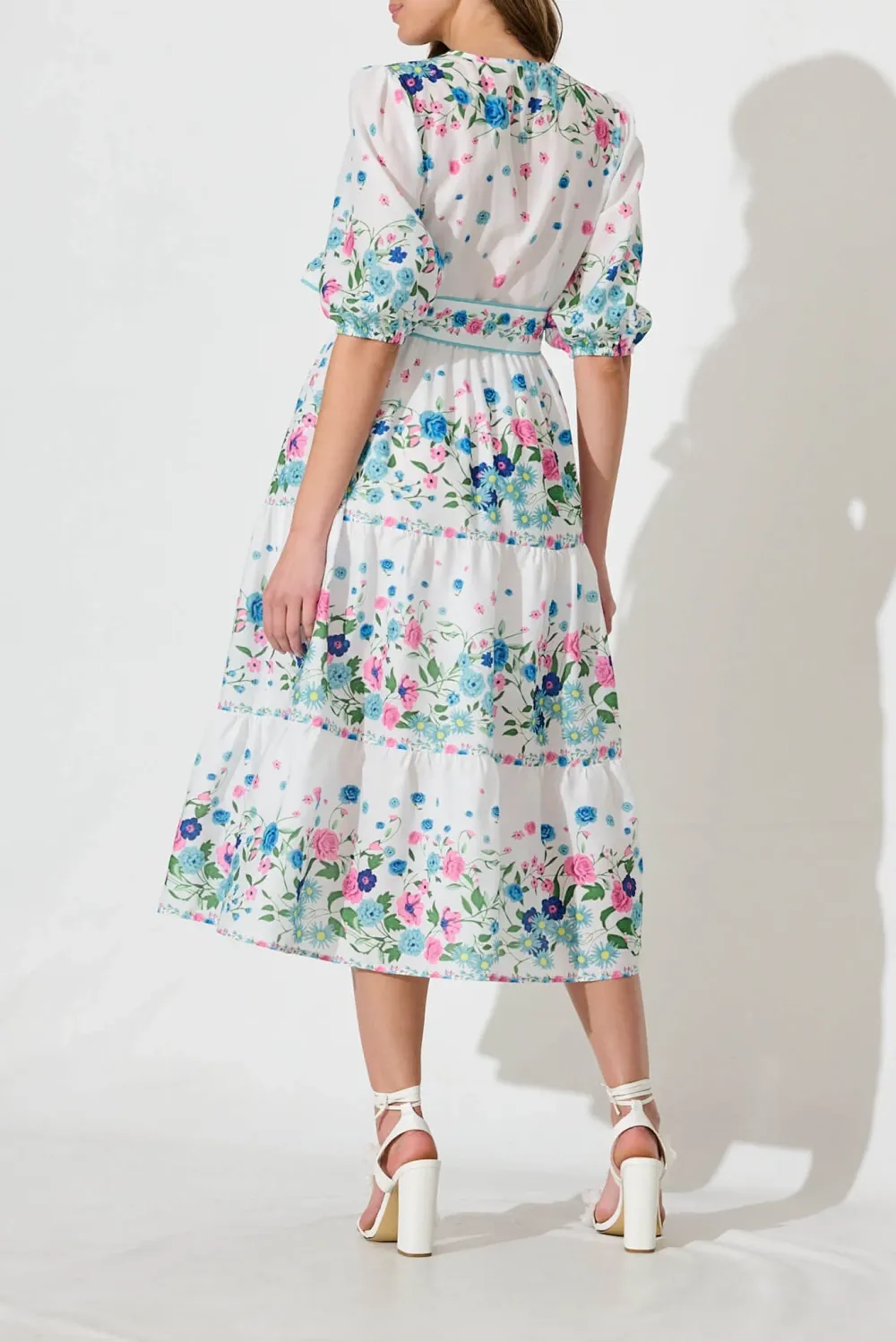 White Floral Print Tiered Midi Dress