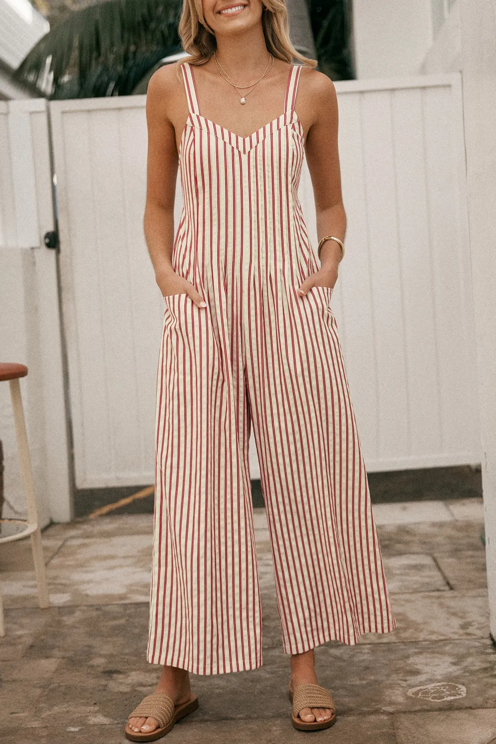 Striped Sleeveless V-Neck Wide Leg Jumpsuit