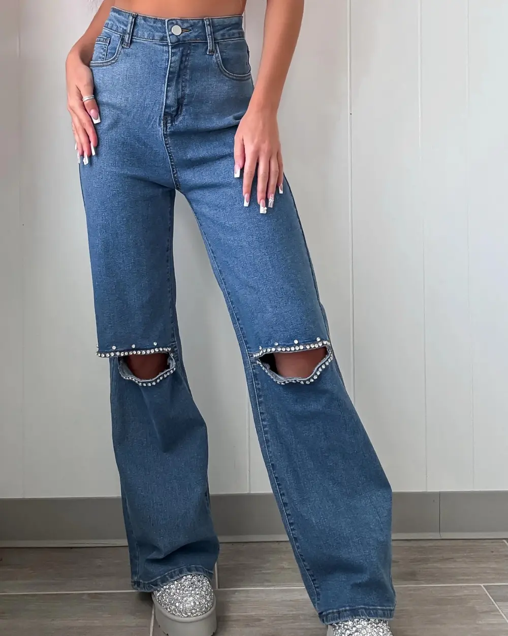 Dazzling Diva Wide Leg Cutout Jeans - Denim