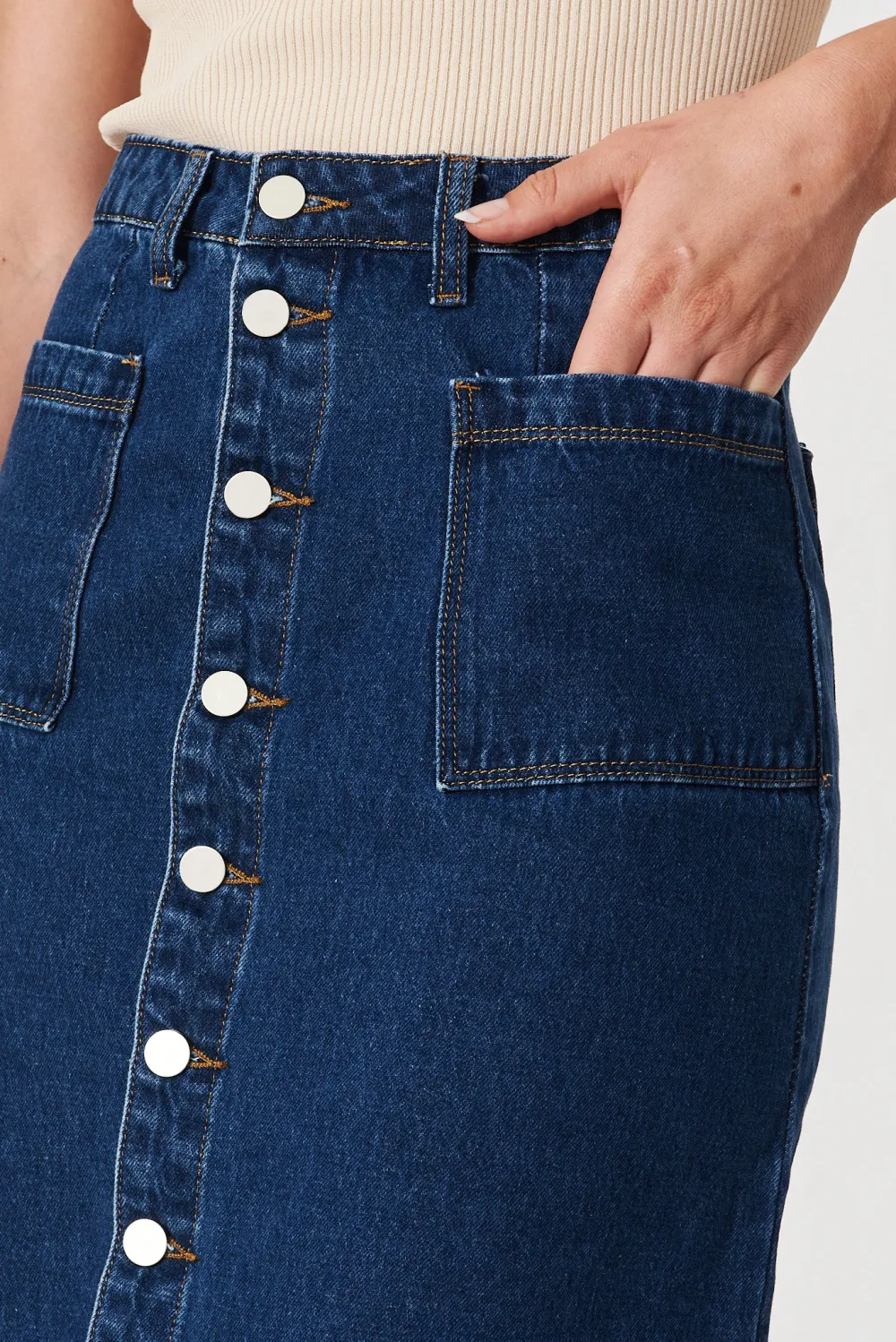 Blue Denim Button Front Midi Skirt