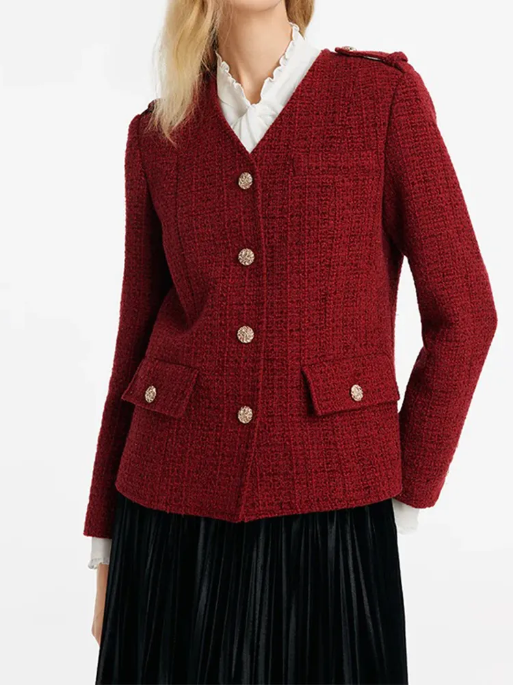 V-Neck Single-Breasted Tweed Women Jacket