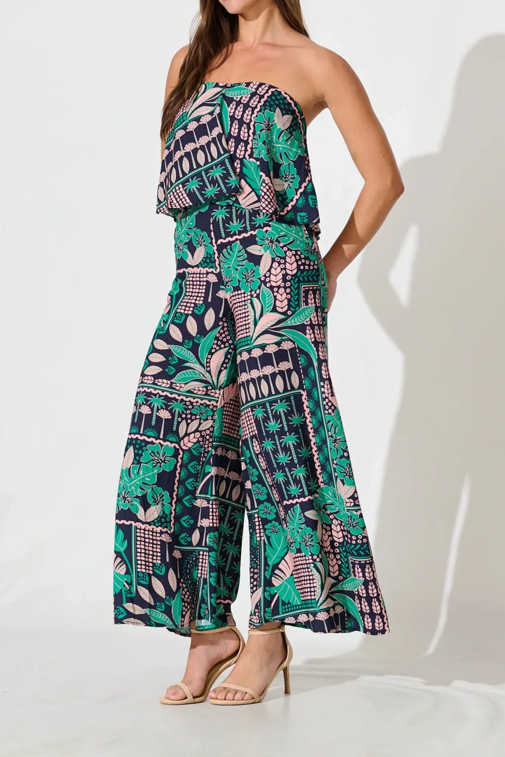 Green Printed Strapless Wide Leg Jumpsuit