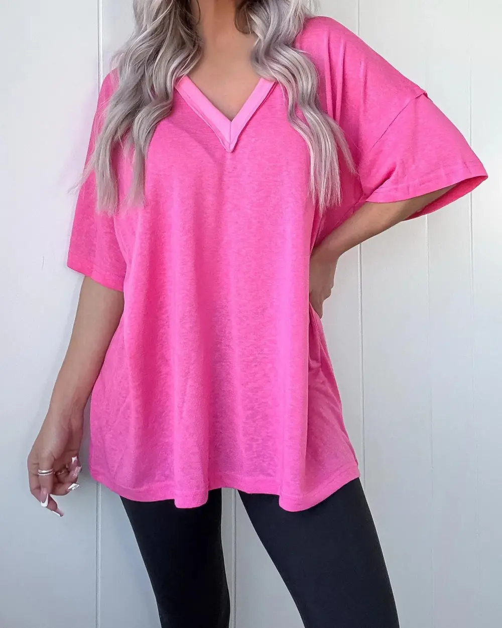 Ethereal Edge V-Neck Tee - Barbie Pink