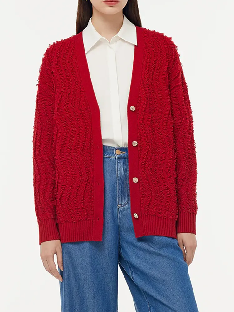 100% Wool Chili Red Women Cardigan