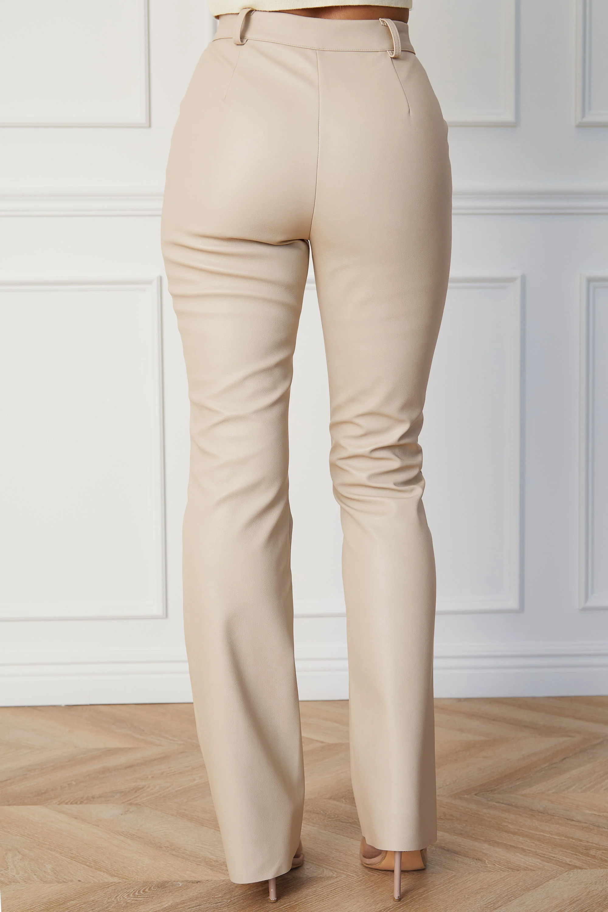 Beige Faux Leather Slim Fit Pants