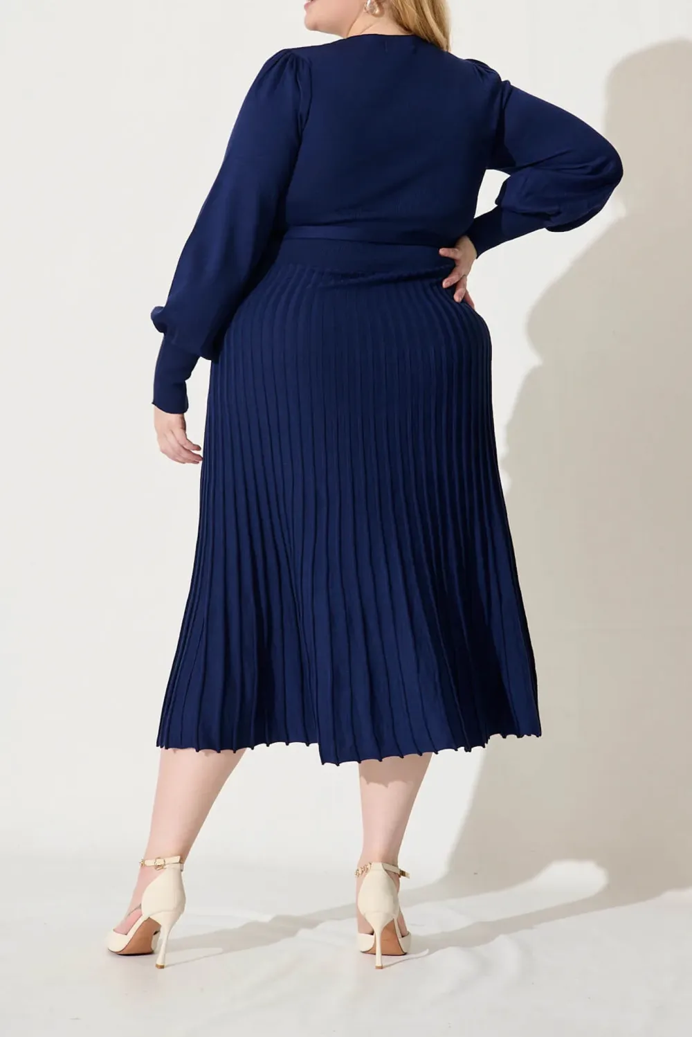 Navy Blue Belted Knit Midi Dress