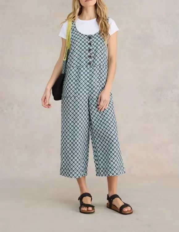 Viola Crop Linen Dungaree In Green Print