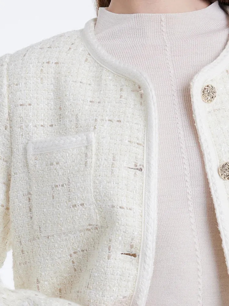 White Knitted Tweed Crop Jacket