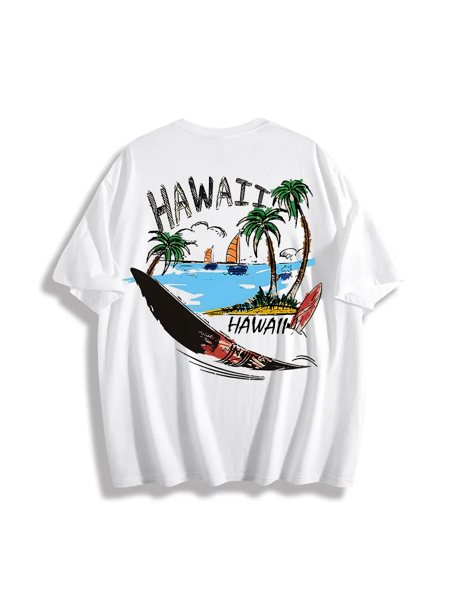 Men'S HAWAII Letter Palm Tree Boat Graphic Printed Vacation Short Sleeves T-Shirt
